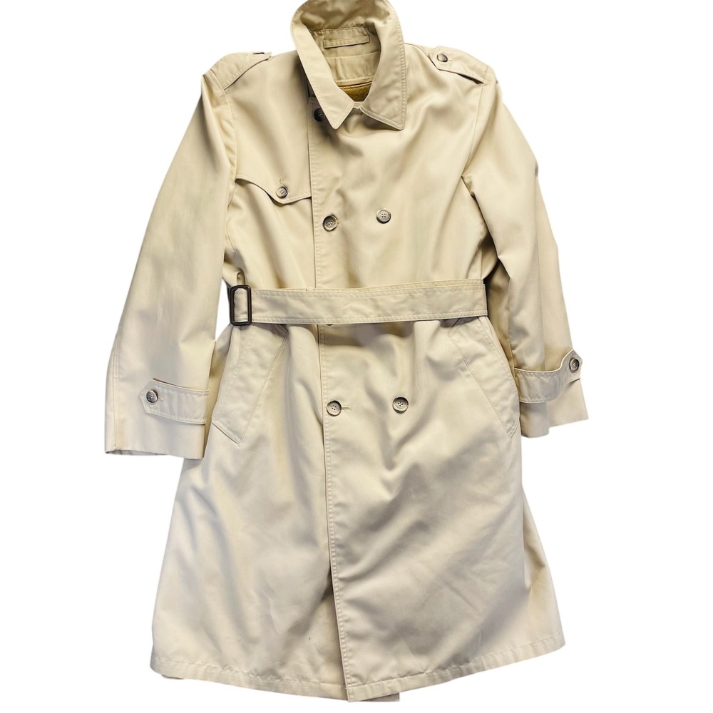 Men Trench Coat Beige Belted Faux Fur Liner 40 Reg‎ Double Breasted USA